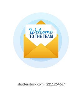 Icon with welcome team for banner design. Business communication vector banner. Cartoon font