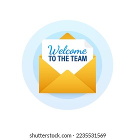 Icon with welcome team for banner design. Business communication vector banner. Cartoon font.