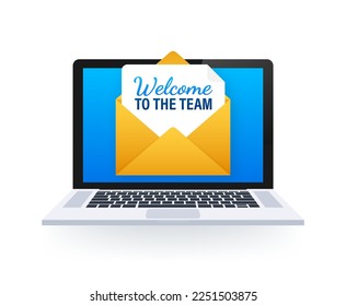 Icon with welcome team for banner design. Business communication vector banner. Cartoon font.