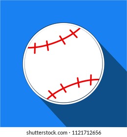 Icon of a white baseball ball having red sewings, on blue background with shadow - vector