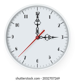 Icon of white clock with shadow. Vector illustration. Mock up for branding and advertising isolated on white background.