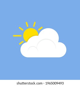 An icon of a white cloud with the sun behind one is isolated on a solid blue background. Flat vector illustration. Editable ray lines.
