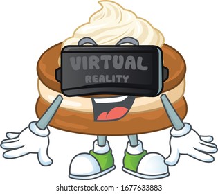 An icon of white cream alfajor character using Virtual reality headset