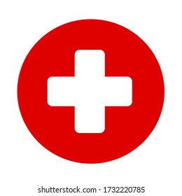 Icon with white cross sign on red background. Medical symbol