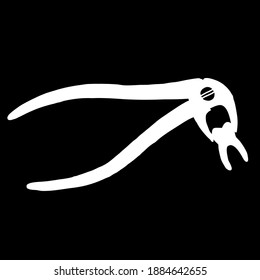 Icon of white dental forceps for the lower jaw isolated on a black background, in the forceps is a removed tooth.