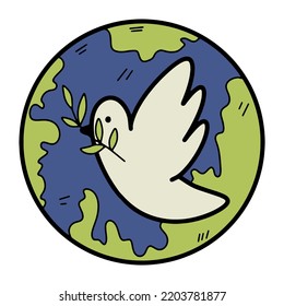 Icon of a white dove over the planet, symbol of peace. Hand drawn doodle vector illustration