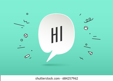 Icon of white paper cloud talk with text Hi or Hello for communication, greetings, fun. Poster with bubble, text message, explosion graphic elements and shadow on color background. Vector Illustration