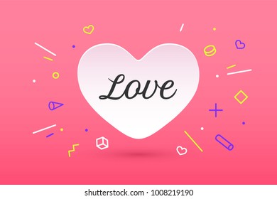 Icon of white paper heart with lettering Love for Valentine Day on pink background. Banner in memphis geometric style. Greeting card for Valentine Day. Hand drawn graphic design. Vector Illustration