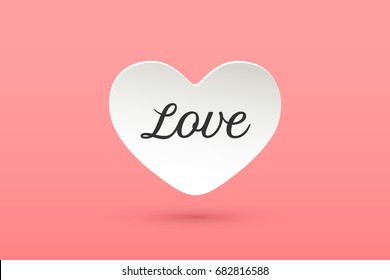 Icon of white paper heart with lettering Love for Valentine Day on pink background. Greeting card for Valentine Day. Hand drawn graphic design. Inspiration colorful concept. Vector Illustration