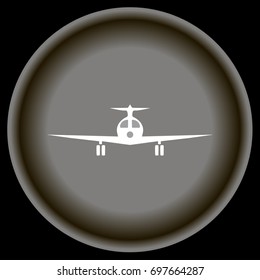 Icon white plane on gray plate black background. 