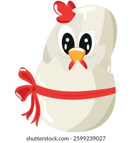 icon of a white rooster sitting in a white egg with a bow, design for Easter decorations	