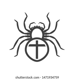 Icon of a white spider with a cross on the abdomen. Vector on a white background.