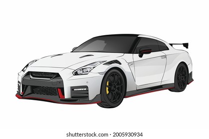 icon white sport car vector template illustration can use logo t shirt, apparel, sticker group community Nissan GTR 35 , poster, flyer banner modify auto show, Tokyo drift fast furious movie