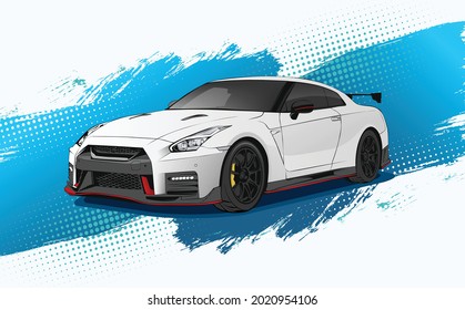 icon white sport car vector abstract brush blue background template illustration can use logo t shirt, apparel, sticker group community Nissan GTR 35 , poster, flyer banner modify auto show