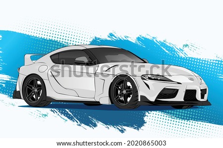 icon white sport car vector abstract brush blue background template illustration can use logo t shirt, apparel, sticker group community Toyota Supra, poster, flyer banner modify auto show