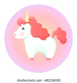 The icon of a white unicorn is isolated in a rainbow circle, vector illustration is in a cartoon style.
