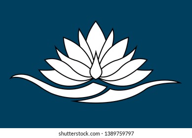 Icon white waterlily flower, lotus on water. Vector illustration on blue background.