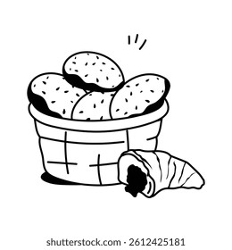 Icon of a wicker basket filled with bread rolls and croissants