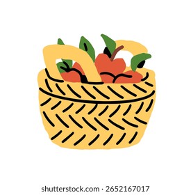 Icon of wicker basket is full of ripe red apple. Hamper with fresh fruit. Container of natural orchard crop, organic garden harvest. Flat isolated hand drawn vector illustration on white background