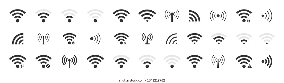 Icon wifi signal. Wireless internet symbol. Set of sign for connect of network. Bar of satellites for mobile, radio, computer. Hotspot, strength electronic wave from antenna for communication. Vector.