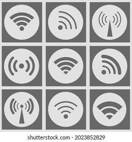 Icon wifi signal. Wireless internet symbol. Set of sign for connect of network. Bar of satellites for mobile, radio, computer. Hotspot, strength electronic wave from antenna for communication. Vector
