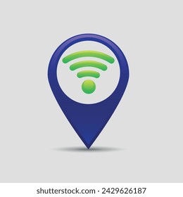 Icono de una zona Wi-Fi con una marca de geolocalización. 3P. Vector sobre un fondo gris