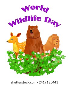 Icon with wild animals for World Wildlife Day bear, fawn and lion. Vector illustration isolated on white.