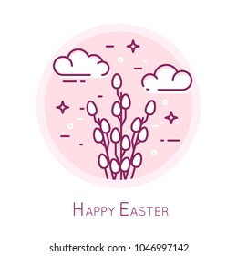 Icon with willow and clouds in a coloured circle. Thin line flat design. Vector banner.