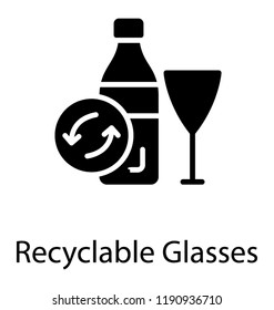Icon of wine bottle and glass having a recycle sign depicting glass recycling