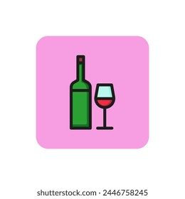 Icon of wine bottle and glass. Wineglass, winery, dinner. Celebration and drinks concept. Can be used for topics like restaurant, holiday, bar.