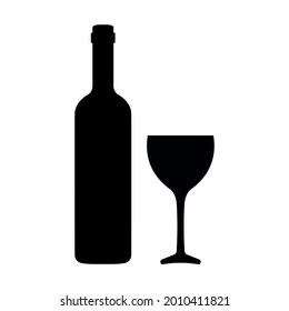 Icon of wine bottle and gless. Shape of traditional bottle of wine and glassware. Vector Illustration