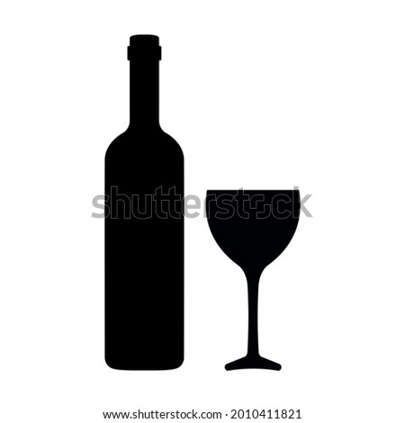 Icon of wine bottle and gless. Shape of traditional bottle of wine and glassware. Vector Illustration