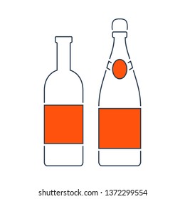 Icono De Botellas De Vino Y Champagne. Línea Delgada Con Diseño De Relleno Rojo. Ilustración vectorial.