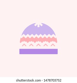 Icon of winter headwear with geometric pattern. Flat style vector hat in trendy purple and pink colors. Isolated design element.