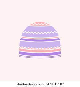 Icon of winter headwear with zigzag pattern. Flat style vector hat in purple and pink. Isolated design element.