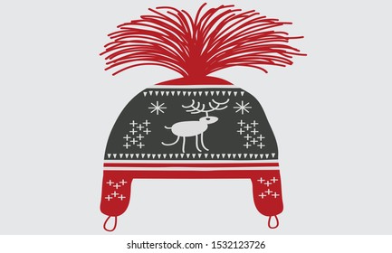 Icon of winter headwear with zigzag pattern. Flat style vector hat in purple  Isolated design element