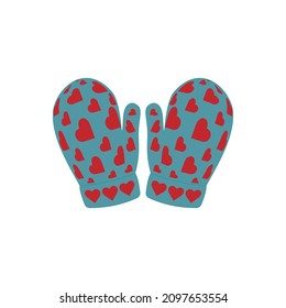 An icon of winter mittens with a pattern of hearts of different sizes on a white background. Vector image.