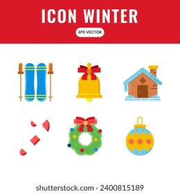 Icon Winter style Flat Color Ski Winter, Bells,Snow House,Candy Cane, Christmas Wreath and Bauble