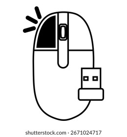 Ícone de um mouse de computador sem fio com um botão realçado do botão esquerdo do mouse, linhas de efeitos de clique e um receptor USB, simbolizando a conectividade do mouse sem fio. Ilustração de símbolo de vetor de design.