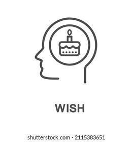 Icon – wish. A conscious idea of the wish to get something. Cake with a candle is a symbol of wish. The thin contour lines.