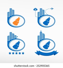 Icon wolf howling at the moon on city background. Cityscape illustration set.