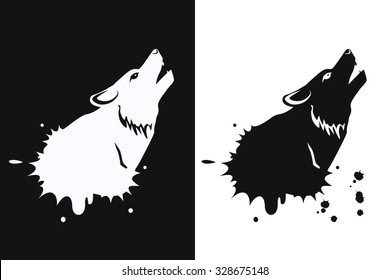 Icon Wolf Howling At The Moon On White And Black Background. Wolf Vector Icon.  