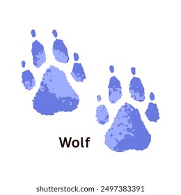 Icon of wolf traces with inscription. Print of coyote claws silhouettes on ground. Trails of wild animals', predators paws. Forest fauna tracks. Flat isolated vector illustration on white background