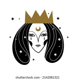 Icon with a woman in a crown, a dark queen with tears, a boho tattoo for a witch, a mystical logo for a profile. Vector illustration isolated on white background.