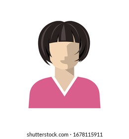 Icon of woman with dark hair and light skin, simplified flat color image, female avatar. Vector isolated illustration