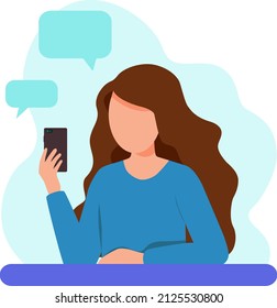 icon of a woman, a girl holding a phone in her hand. Vector illustration. No face.