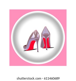 icon woman glamour shoes with red foot on plate on pink background.