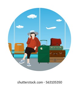 Icon a Woman with a Luggage Talking on the Phone in a Waiting Room, Travel and Tourism Concept, Flat Design, Vector Illustration 
