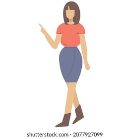 Icon of a woman pointing her finger at something. Simple vector illustration on transparent background. The faceless girl presents an object with a pointing gesture. Flat style. A full-length figure.