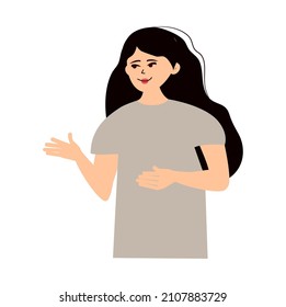 Icon of a woman pointing her finger at something. Simple vector illustration on transparent background. The faceless girl presents an object with a pointing gesture. Flat style. A full-length figure.